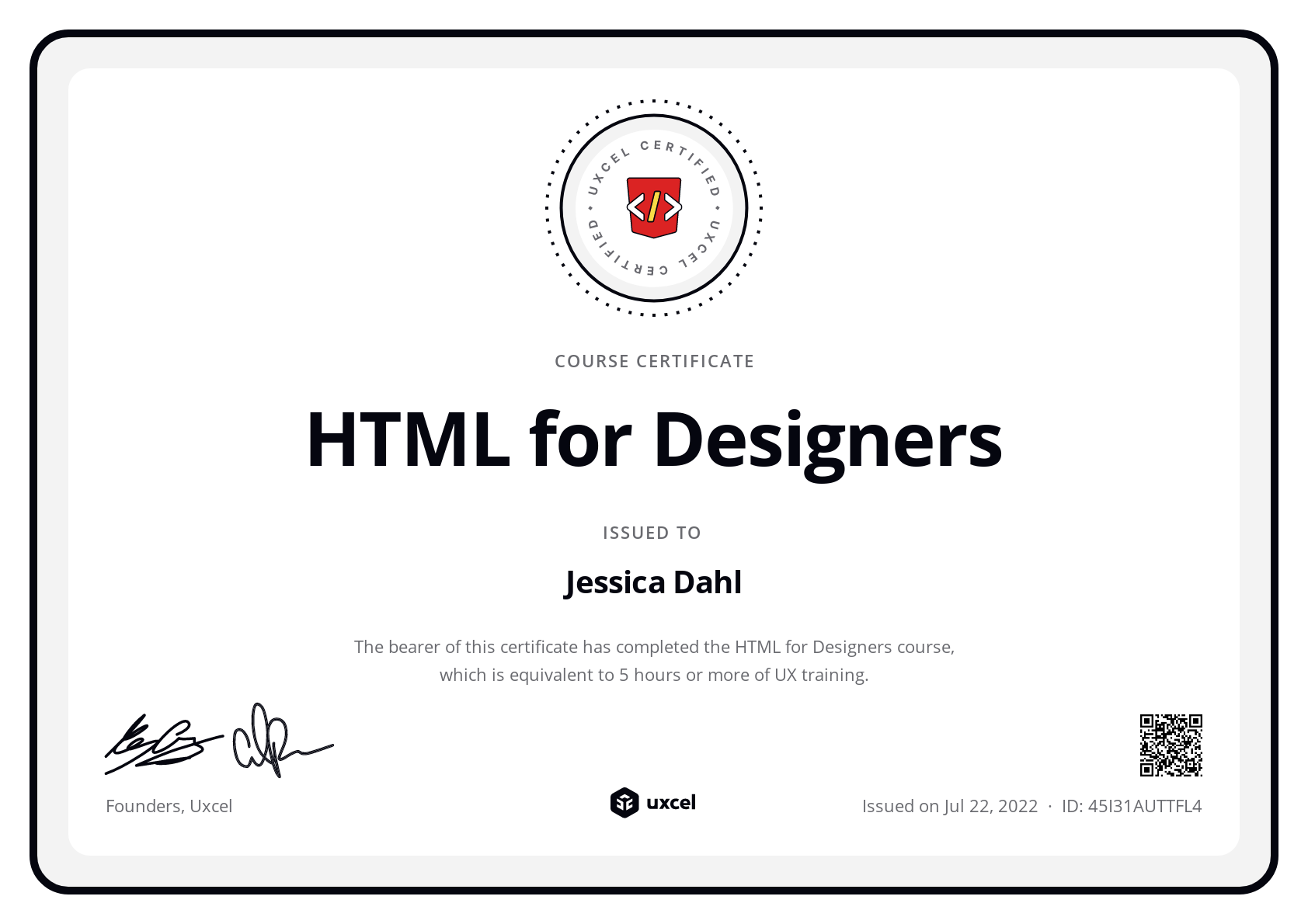 Jessica Dahl's certificate